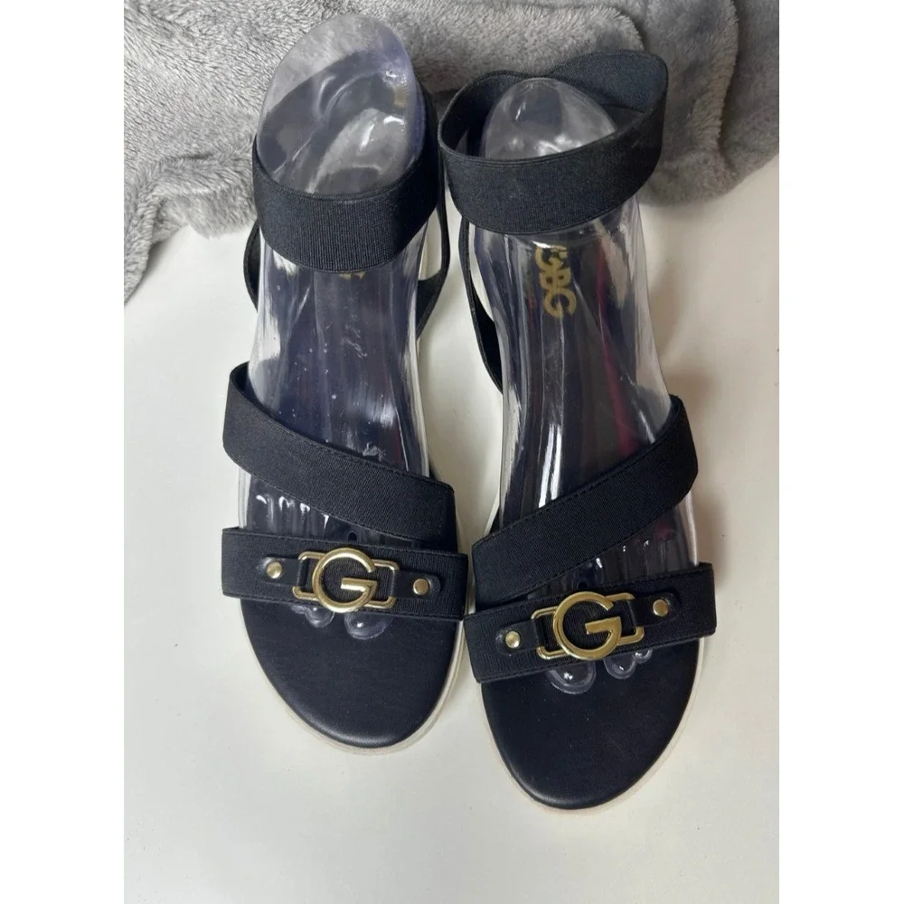 G by Guess GBG Black‎ Elastic Ankle Strap Sandals Wedges Gold Logo Accent 8.5